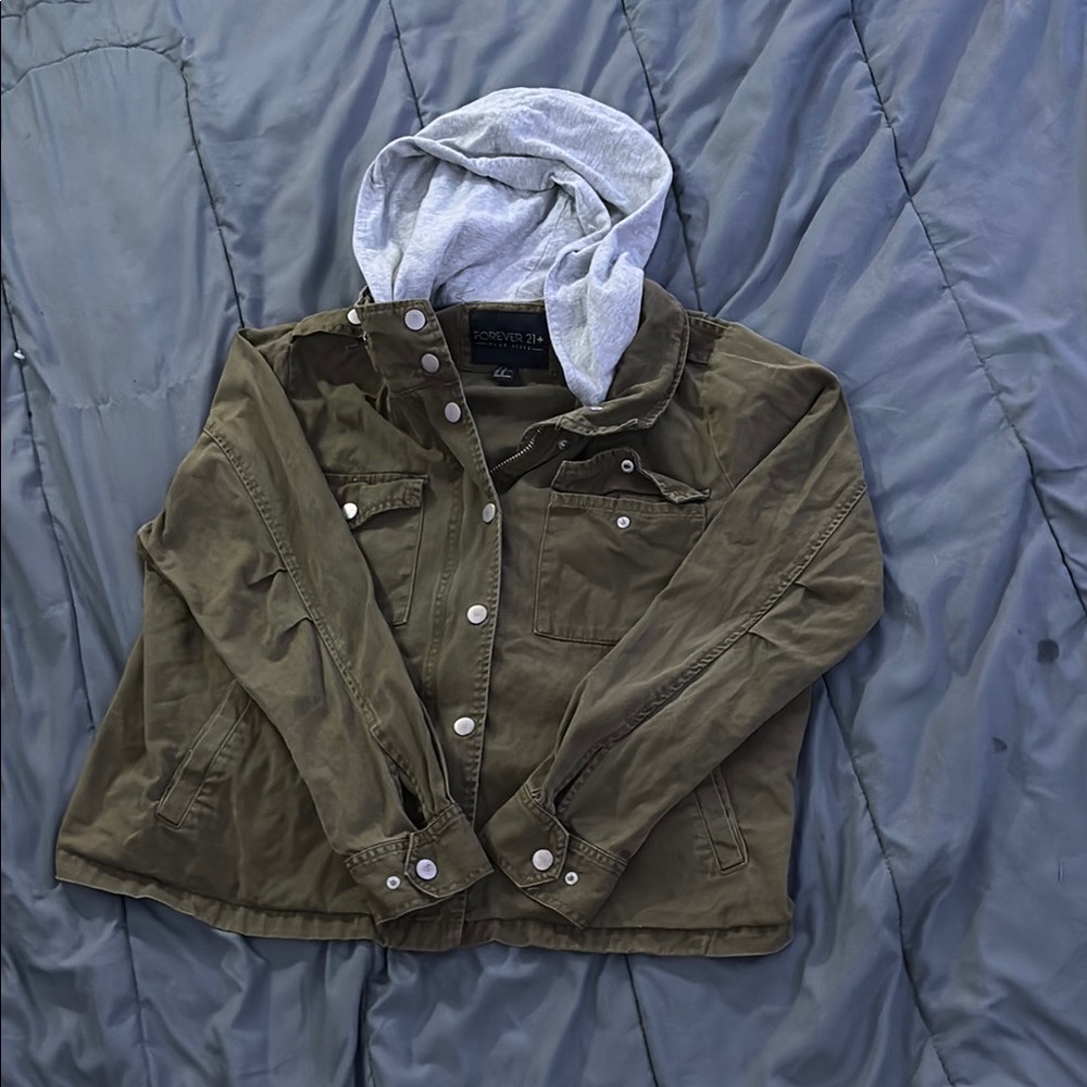 Forever 21 Khaki Jacket with Light Gray Hood